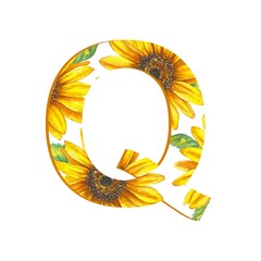 Floral alphabet set - letter Q. Alphabet letters cut from a pattern with sunflowers. Wedding, birthday, children's party, any creative ideas.