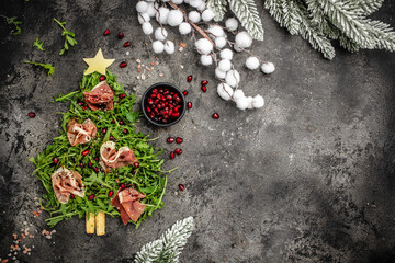 Jamon Prosciutto and arugula Salad, Christmas food tree Antipasto. Menu, recipe mock up, banner....