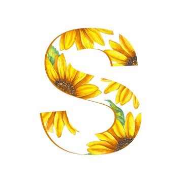 Floral alphabet set - letter S. Alphabet letters cut from a pattern with sunflowers. Wedding, birthday, children's party, any creative ideas.