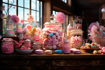 Obraz na płótnie Canvas Candy bar. Colorful sweets in glass jars on the table at the party