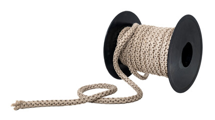 Jute rope is wound on a plastic spool on a white background. Rope isolate