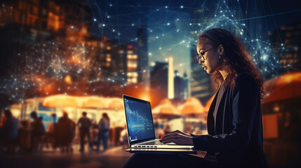 Digital technology internet network connection, digital marketing IoT, business woman using laptop computer
