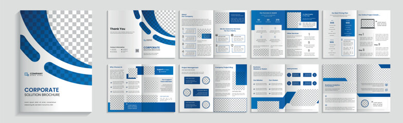 Corporate business solution brochure, 16 page company profile brochure editable template layout design.