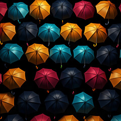 Fondo con detalle de multitud de paraguas abiertos en diferentes colores, sobre fondo de color negro