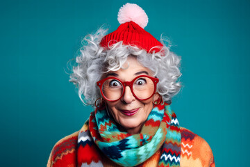 Grand mère malicieuse avec un bonnet de Noël - obrazy, fototapety, plakaty