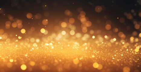 Particles of gold yellow glow on a bokeh background. Contemporary glitter opulent golden sparkles. Blurred, defocused, abstract background for Christmas.