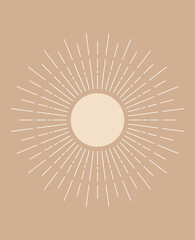 Abstract line art sun isolated on beige background. Minimalistic boho style poster for home decoration. Geometric abstract sun illustration. 