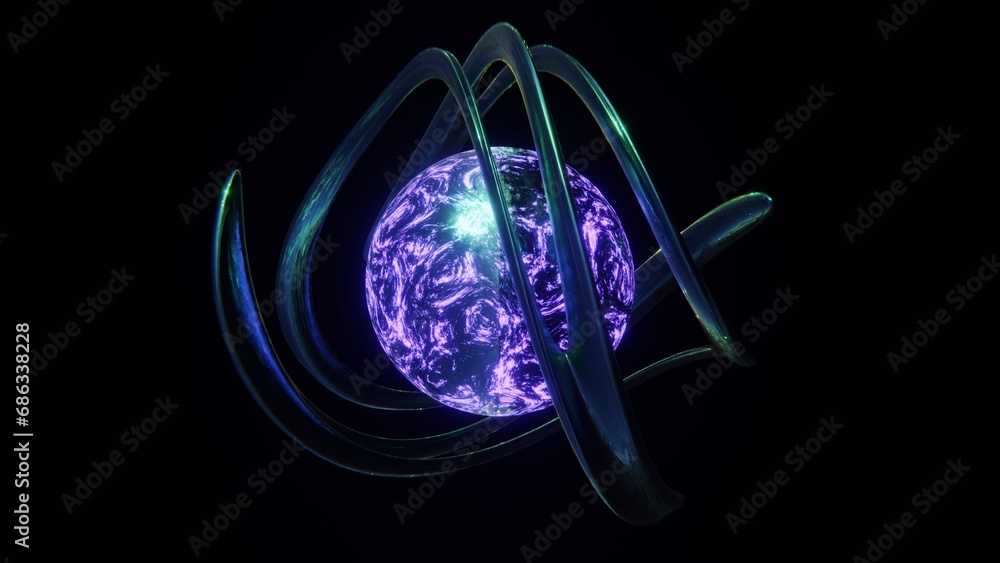 Poster abstract 3d illustration with purple neon glow ball sphere and twisted bent torus shape with metalli