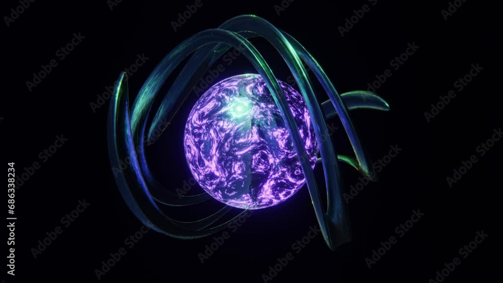 Poster abstract 3d animation with neon glow ball sphere of aurora colours gradient and twisted bent torus s