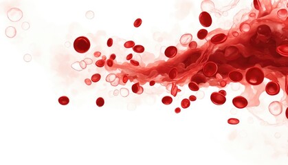 Red blood cells, leukocytes, and erythrocytes flow across a white background. Copy space for text, advertising, message