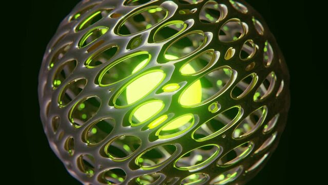 Abstract 3D cinematic animation of illuminated alien texure glossy sphere with holes morphing and glowing green atom inside 30 fps 4K seamless loop video