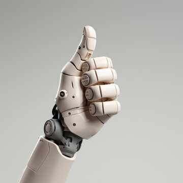 Fotografia con detalle de mano robotica con el dedo pulgar levantado, como simbolo de aprobación