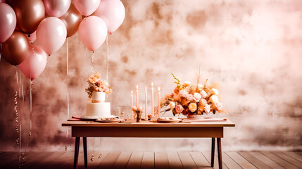 Table de fête avec ballons, gâteau et fleurs