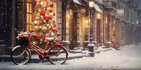 A Scene with Christmas tree, decoration and bicycle on evening snowy city street. Outdoor background. Generative ai.