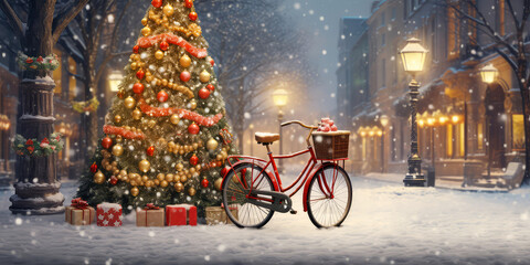 Fototapeta premium A Scene with Christmas tree, decoration and bicycle on evening snowy city street. Outdoor background. Generative ai.