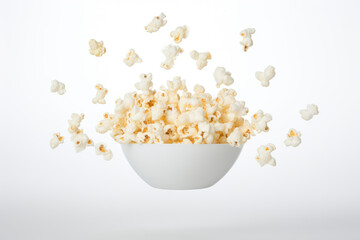 Freshly made crispy popcorn fall in pile on white background. Creative concept of floating healthy snacks. Background of falling popcorn. Levitation of snacks. Close-up. Copy space.