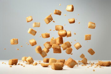 Freshly made crispy croutons fall in pile on gray background. Creative concept of floating healthy snacks. Background of falling croutons. Levitation of snacks. Close-up. Copy space. - obrazy, fototapety, plakaty