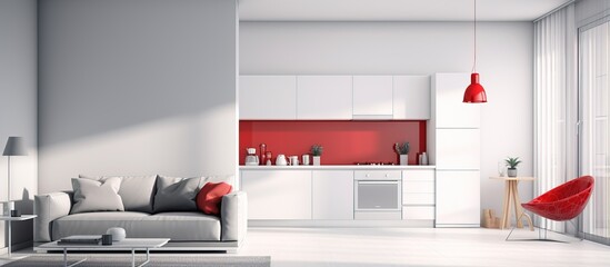 Minimalist illustration of small apartment with white and red interior design featuring kitchen living room and bedroom