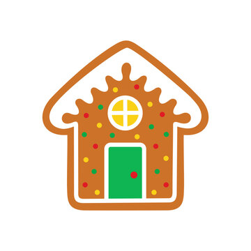 Gingerbread house. Christmas cookies in cartoon flat style. Xmas classical biscuits. Isolated vector illustration on a white background. Perfect for Xmas and New Year holiday design.