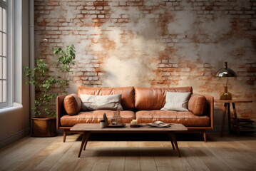 Brown leather sofa and coffee table in the loft-style living room on a brick wall background