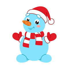 Snowman in red hat of Santa and scarf. Isolated vector illustration on a white background. Perfect for Christmas and New Year holiday design. Colorful cute winter snow character in cartoon flat style.