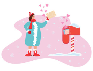 Fototapeta premium A young girl sends a letter with a red heart. A girl with a large envelope puts it in a mailbox with love letters. Happy Valentine's Day. Romantic letter.