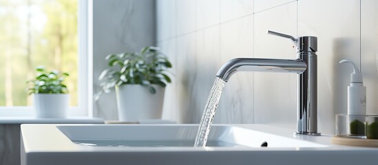Water coming out of a faucet in the bathroom - obrazy, fototapety, plakaty