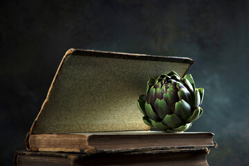 An artichoke and an old book. The artichoke is lying on the book. Dark background. Vintage old book.