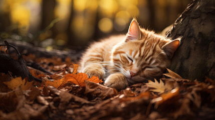 Autumn Slumber. Ginger Cat Napping - obrazy, fototapety, plakaty