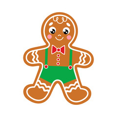 Gingerbread man in green pants. Christmas cookies in cartoon flat style. Cute Xmas classical biscuits. Isolated vector illustration on a white background. Perfect for Xmas and New Year holiday design.
