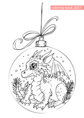 A small cute cartoon dragon inside a glass Christmas ball. Coloring book