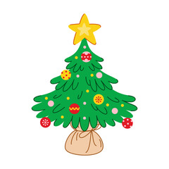Small Christmas tree decorated with Xmas decorations. Isolated vector illustration on a white background. Perfect for Xmas and New Year holiday design. Festive spruce in cartoon flat style.