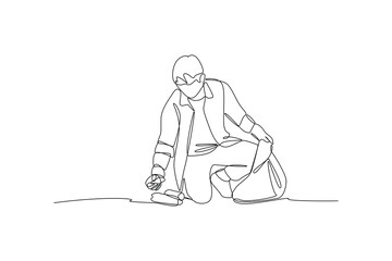 Man cleaning trash in park. Mutual cooperation and team work minimalist concept. 
Black and white vector illustration, vector, team work