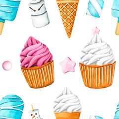 Seamless pattern with cupcake pink and white cream, ice creams. Sweet summer dessert, popsicle, muffin, ice-cream cone and marshmallow snowman. Watercolor illustration for postcards, design, print