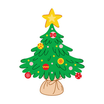 Small Christmas tree decorated with Xmas decorations. Isolated vector illustration on a white background. Perfect for Xmas and New Year holiday design. Festive spruce in cartoon flat style.