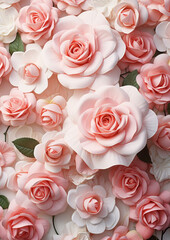 A large number of roses in a romantic shade of soft pink, creatively and harmoniously arranged, in the spirit of Valentine's Day and a spring atmosphere.