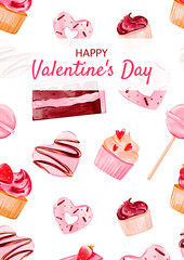 Heart-shaped cookies, cupcake, lollipop for Happy Valentines Day card. Vertical design. Digital watercolor illustration