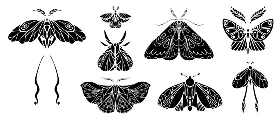 Set of silhouettes of night moths, butterflies.Vector graphics.