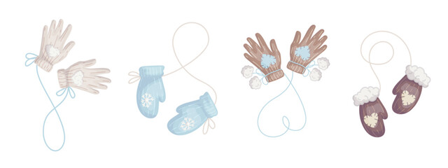 Set of winter, knitted fur mittens, gloves. Vector graphics.