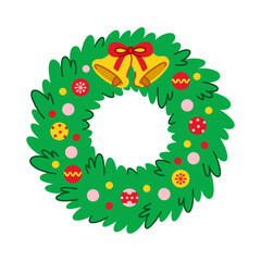 Christmas spruce wreath. Fir wreath decorated with Xmas decorations and bells in cartoon flat style. Isolated vector illustration on a white background. Perfect for New Year holiday design.
