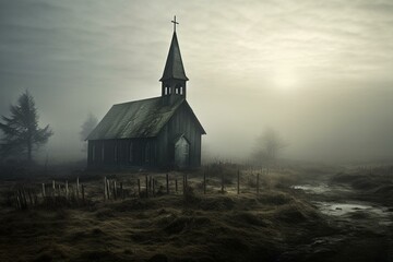Rundown old church in foggy rural area beneath gloomy overcast sky. Digital rendering. Generative AI