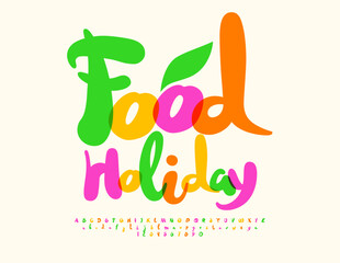 Vector Colorful banner Food Holiday. Playful bright Font. Funny Alphabet Letters and Numbers.