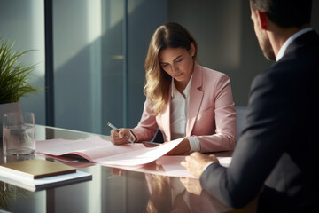 Two business professionals discussing a partnership contract at an office meeting. Corporate business meeting with businesswoman and businessman signing partnership contract. - obrazy, fototapety, plakaty