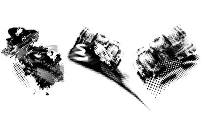 Glitch distorted noise destroyed horizontal cut out shapes set  . Trendy defect halftone stamp. Vector black shape overlay.