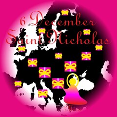 Bishop Saint Nicholas, parcels and gifts with bows, map of Europe and inscription: 6 December Saint Nicholas from Mira - illustration, abstract composition with pink neon color.