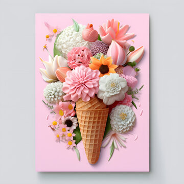  Romantic spring bouquet of  pastel flowers in ice cream cone on baby pink background.