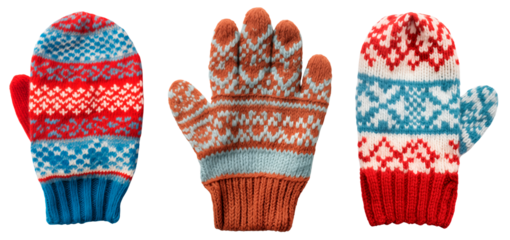 Set/collection of knitted mittens and gloves. Scandinavian pattern. Winter clothes/accessories. Isolated on a transparent background.