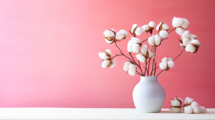 A romantic cotton flower in an elegant vase against a minimalist backdrop with gentle, warm, and soft colors.