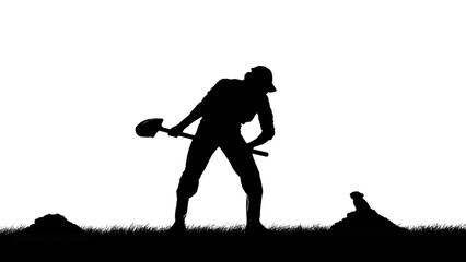 Portrait of person farmer isolated on white background with alpha channel. Black silhouette of gardener haunting a mole with a shovel.