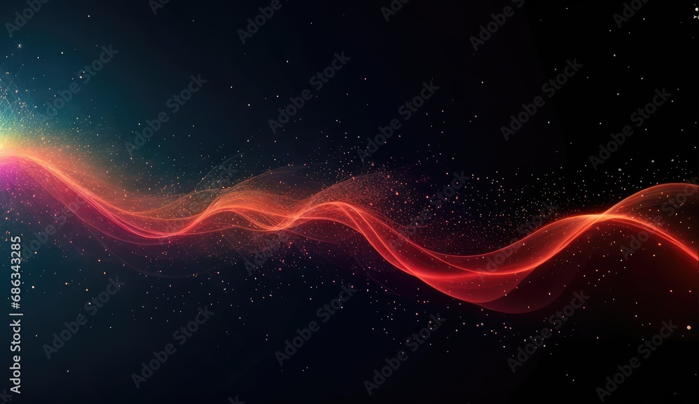 Wall mural stream of brilliant red particles in motion ın a dark black abstract background. visualization of so